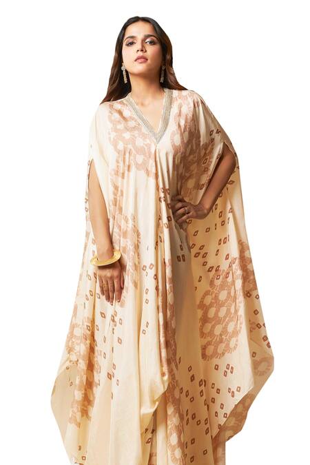 Buy Vedika M Beige Silk Lace V-neck Printed Asymmetric Kaftan Online at Aza Fashions Buy_Vedika M_Beige Silk Lace V-neck Printed Asymmetric Kaftan _Online_at_Aza_Fashions