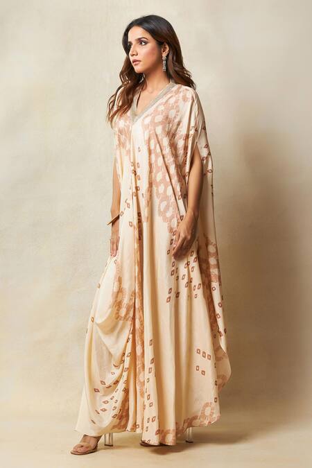 Shop Vedika M Beige Silk Lace V-neck Printed Asymmetric Kaftan Online at Aza Fashions Shop_Vedika M_Beige Silk Lace V-neck Printed Asymmetric Kaftan _Online_at_Aza_Fashions