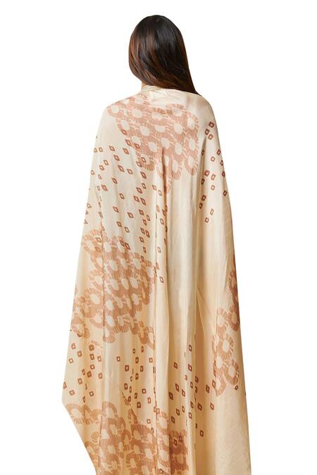 Vedika M Beige Silk Lace V-neck Printed Asymmetric Kaftan at Aza Fashions Vedika M_Beige Silk Lace V-neck Printed Asymmetric Kaftan _at_Aza_Fashions