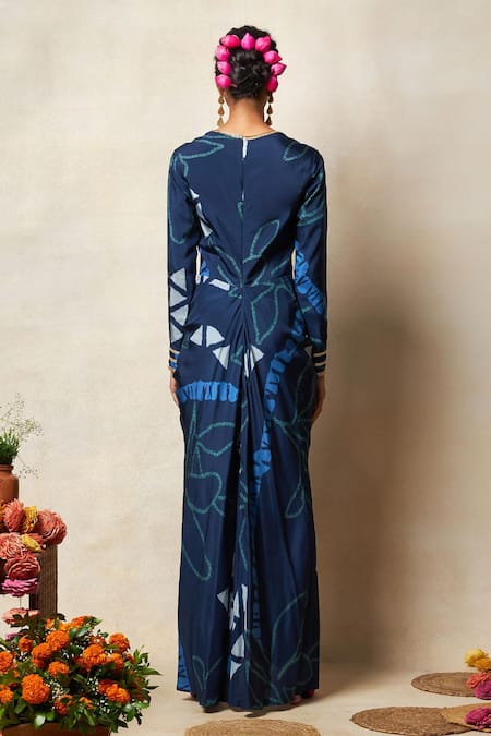 Shop_Vedika M_Blue Silk Sequins Sweetheart Neck Printed Asymmetric Corset Dress _at_Aza_Fashions