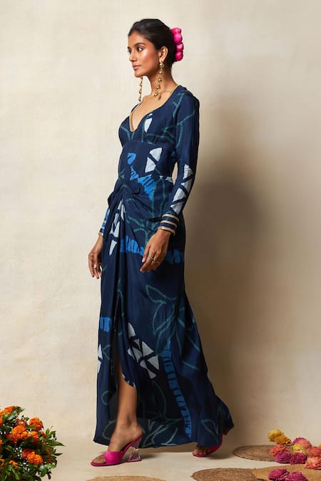 Buy_Vedika M_Blue Silk Sequins Sweetheart Neck Printed Asymmetric Corset Dress _Online_at_Aza_Fashions