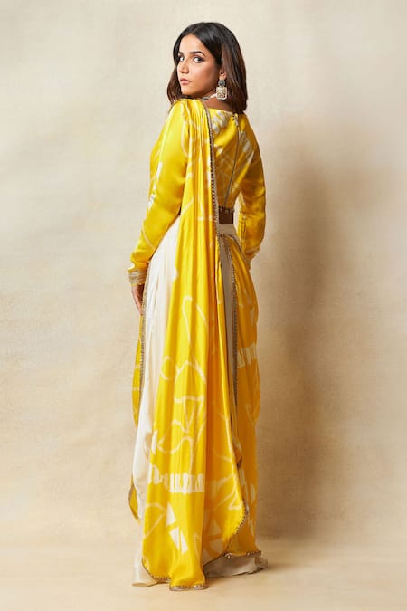 Shop Vedika M Yellow Satin Sequins, Abstract Printed Asymmetric Pre-draped Saree With Blouse at Aza Fashions Shop_Vedika M_Yellow Satin Sequins, Abstract Printed Asymmetric Pre-draped Saree With Blouse _at_Aza_Fashions