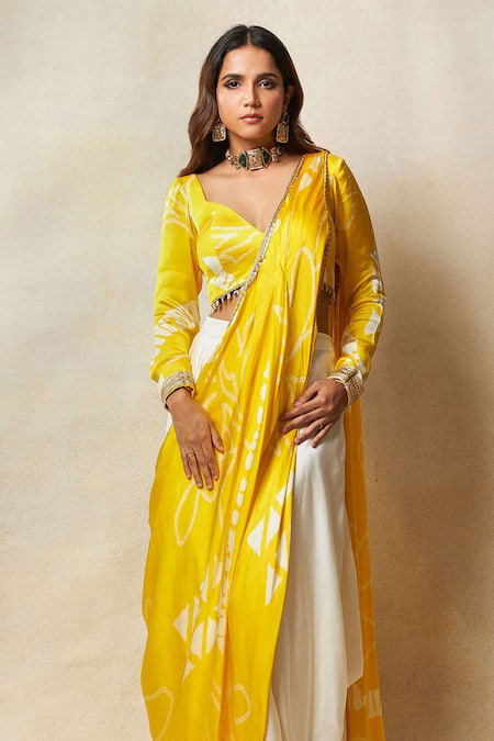 Vedika M Yellow Satin Sequins, Abstract Printed Asymmetric Pre-draped Saree With Blouse Online at Aza Fashions Vedika M_Yellow Satin Sequins, Abstract Printed Asymmetric Pre-draped Saree With Blouse _Online_at_Aza_Fashions