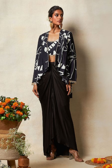 Vedika M Asymmetric Bandhani Print Cape Draped Skirt Set 