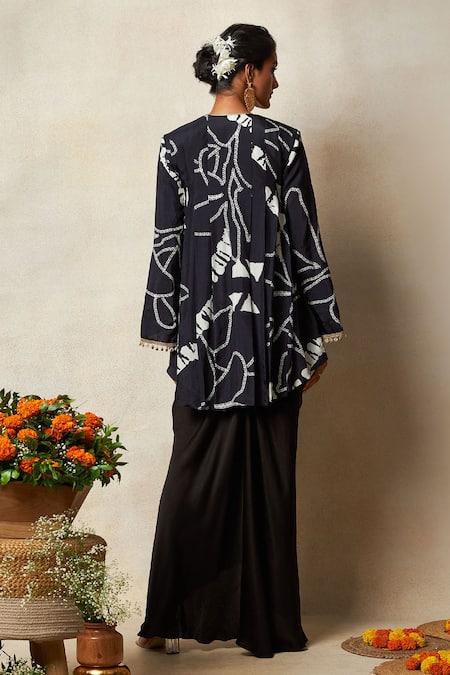 Shop Vedika M Black Silk, Satin Sequins, Lace Asymmetric Bandhani Print Cape Draped Skirt Set at Aza Fashions Shop_Vedika M_Black Silk, Satin Sequins, Lace Asymmetric Bandhani Print Cape Draped Skirt Set _at_Aza_Fashions