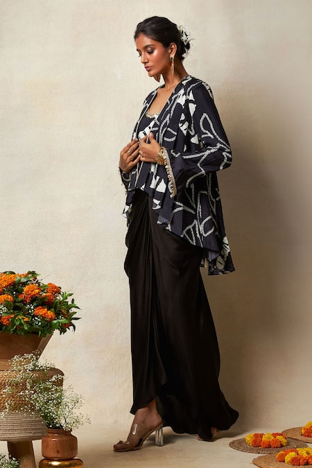 Vedika M Black Silk, Satin Sequins, Lace Asymmetric Bandhani Print Cape Draped Skirt Set Online at Aza Fashions Vedika M_Black Silk, Satin Sequins, Lace Asymmetric Bandhani Print Cape Draped Skirt Set _Online_at_Aza_Fashions