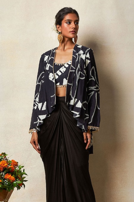 Buy Vedika M Black Silk, Satin Sequins, Lace Asymmetric Bandhani Print Cape Draped Skirt Set Online at Aza Fashions Buy_Vedika M_Black Silk, Satin Sequins, Lace Asymmetric Bandhani Print Cape Draped Skirt Set _Online_at_Aza_Fashions