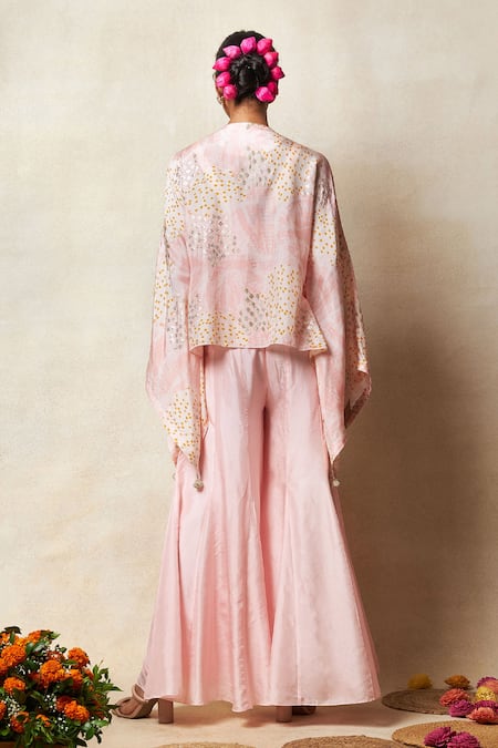 Shop Vedika M Pink Silk Sequins Scoop Neck, Bandhani Print Asymmetric Jacket Godet Pant Set at Aza Fashions Shop_Vedika M_Pink Silk Sequins Scoop Neck, Bandhani Print Asymmetric Jacket Godet Pant Set _at_Aza_Fashions
