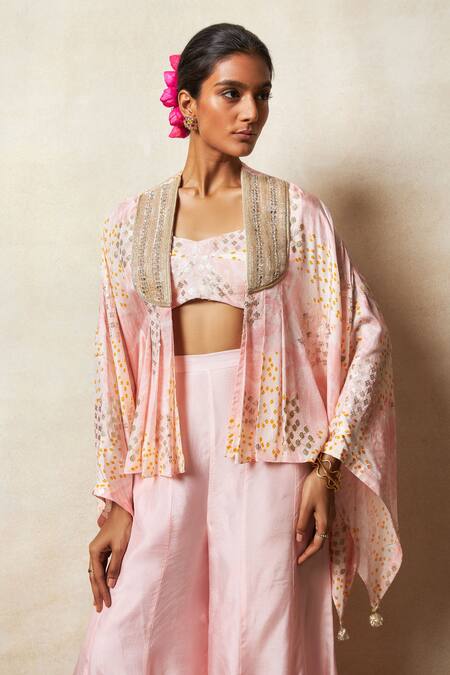 Vedika M Pink Silk Sequins Scoop Neck, Bandhani Print Asymmetric Jacket Godet Pant Set Online at Aza Fashions Vedika M_Pink Silk Sequins Scoop Neck, Bandhani Print Asymmetric Jacket Godet Pant Set _Online_at_Aza_Fashions