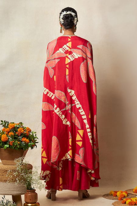 Shop Vedika M Red Silk Sequins, Lace Scoop Neck Abstract Bandhani Print Cape Godet Pant Set at Aza Fashions Shop_Vedika M_Red Silk Sequins, Lace Scoop Neck Abstract Bandhani Print Cape Godet Pant Set _at_Aza_Fashions