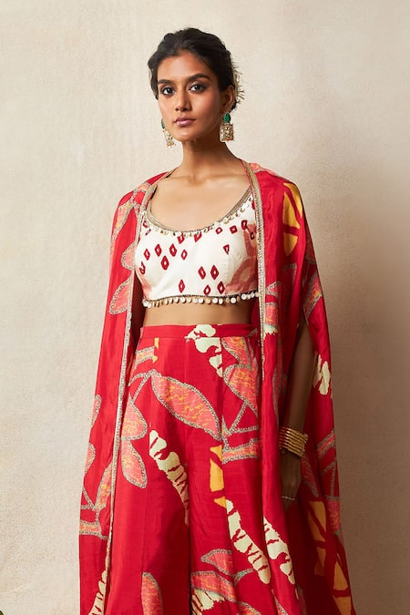 Vedika M Red Silk Sequins, Lace Scoop Neck Abstract Bandhani Print Cape Godet Pant Set Online at Aza Fashions Vedika M_Red Silk Sequins, Lace Scoop Neck Abstract Bandhani Print Cape Godet Pant Set _Online_at_Aza_Fashions