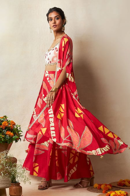 Buy Vedika M Red Silk Sequins, Lace Scoop Neck Abstract Bandhani Print Cape Godet Pant Set Online at Aza Fashions Buy_Vedika M_Red Silk Sequins, Lace Scoop Neck Abstract Bandhani Print Cape Godet Pant Set _Online_at_Aza_Fashions