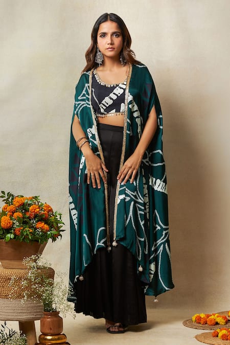 Vedika M Asymmetric Bandhani Print Cape Godet Pant Set 