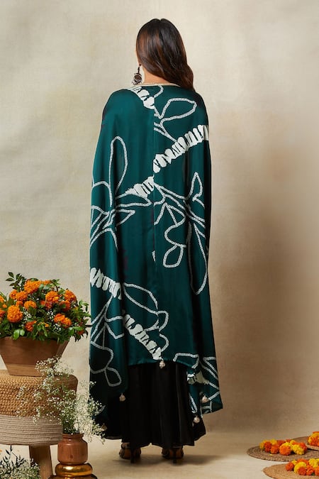 Shop Vedika M Green Silk, Satin Lace, Pom-poms Asymmetric Bandhani Print Cape Godet Pant Set at Aza Fashions Shop_Vedika M_Green Silk, Satin Lace, Pom-poms Asymmetric Bandhani Print Cape Godet Pant Set _at_Aza_Fashions