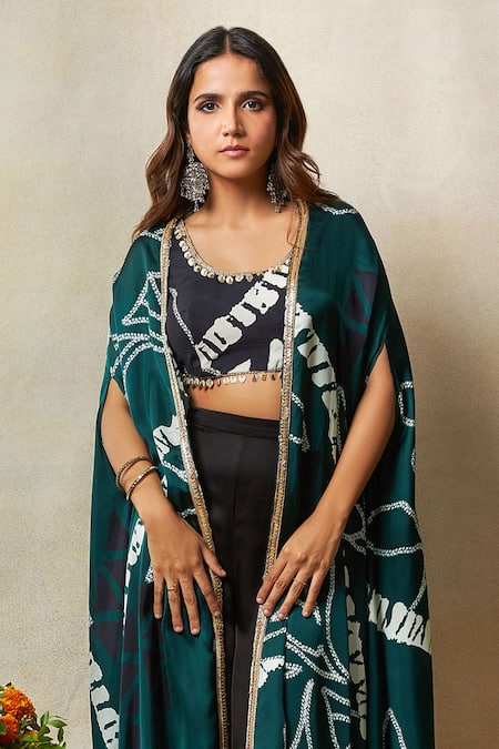 Vedika M Green Silk, Satin Lace, Pom-poms Asymmetric Bandhani Print Cape Godet Pant Set Online at Aza Fashions Vedika M_Green Silk, Satin Lace, Pom-poms Asymmetric Bandhani Print Cape Godet Pant Set _Online_at_Aza_Fashions