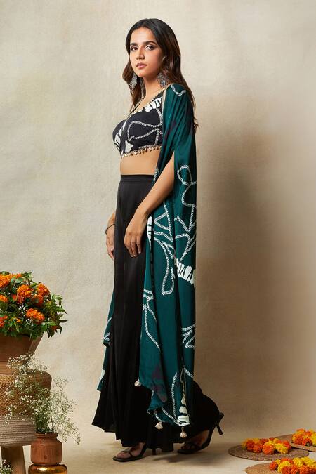 Buy Vedika M Green Silk, Satin Lace, Pom-poms Asymmetric Bandhani Print Cape Godet Pant Set Online at Aza Fashions Buy_Vedika M_Green Silk, Satin Lace, Pom-poms Asymmetric Bandhani Print Cape Godet Pant Set _Online_at_Aza_Fashions