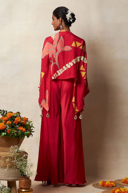 Shop Vedika M Red Silk Sequins Round Neck Printed Kaftan With Pant at Aza Fashions Shop_Vedika M_Red Silk Sequins Round Neck Printed Kaftan With Pant _at_Aza_Fashions