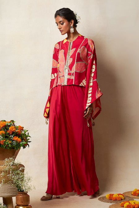 Vedika M Red Silk Sequins Round Neck Printed Kaftan With Pant Online at Aza Fashions Vedika M_Red Silk Sequins Round Neck Printed Kaftan With Pant _Online_at_Aza_Fashions