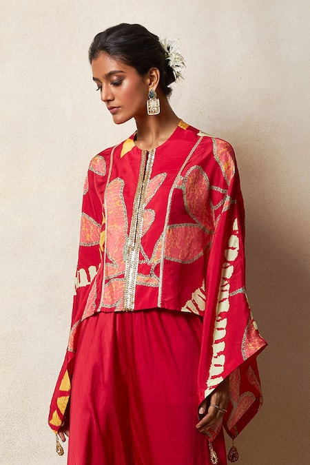 Buy Vedika M Red Silk Sequins Round Neck Printed Kaftan With Pant Online at Aza Fashions Buy_Vedika M_Red Silk Sequins Round Neck Printed Kaftan With Pant _Online_at_Aza_Fashions
