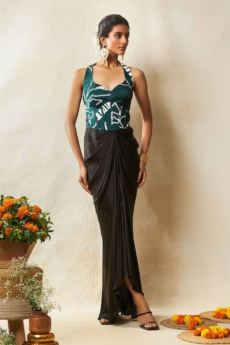 Vedika M Green Satin Printed Bandhani Halter Neck Corset With Draped Skirt 