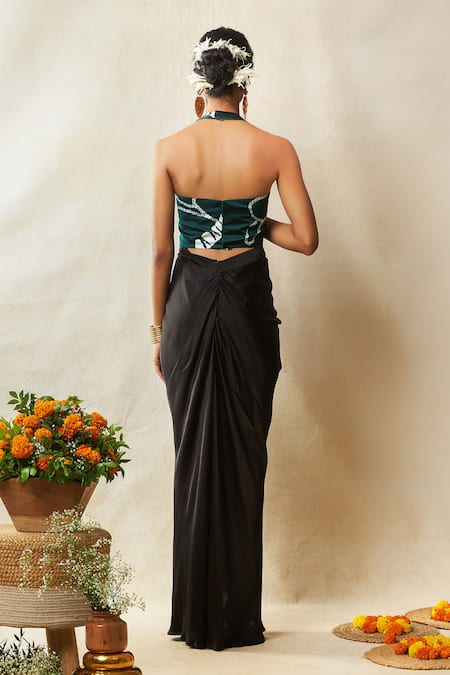 Shop Vedika M Green Satin Embroidery Halter Neck Printed Corset With Draped Skirt at Aza Fashions Shop_Vedika M_Green Satin Embroidery Halter Neck Printed Corset With Draped Skirt _at_Aza_Fashions