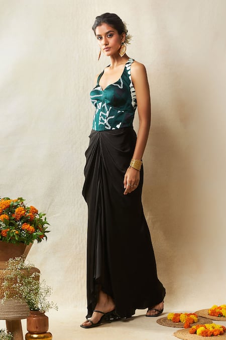 Buy Vedika M Green Satin Embroidery Halter Neck Printed Corset With Draped Skirt Online at Aza Fashions Buy_Vedika M_Green Satin Embroidery Halter Neck Printed Corset With Draped Skirt _Online_at_Aza_Fashions