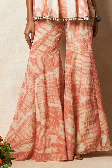 Vedika M_Pink Silk Lace, Sequins Round Neck Abstract Print Godet Top With Sharara _Online_at_Aza_Fashions