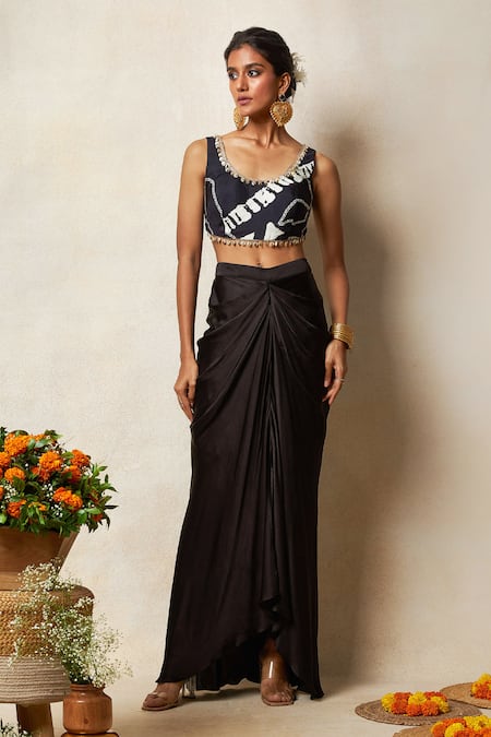 Vedika M Black Bustier Silk Printed Bandhani Scoop With Draped Skirt 