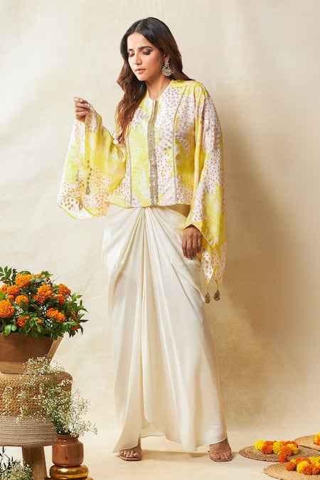 Vedika M Yellow Kaftan Silk Printed Abstract Round With Draped Skirt 