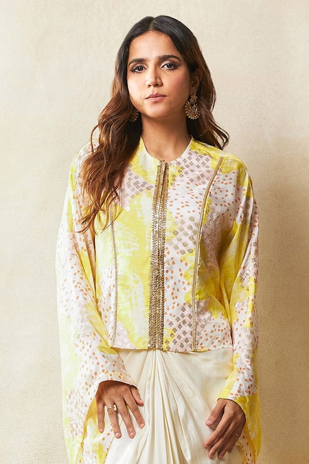 Vedika M Yellow Silk, Satin Sequins Round Neck Abstract Print Kaftan With Draped Skirt Online at Aza Fashions Vedika M_Yellow Silk, Satin Sequins Round Neck Abstract Print Kaftan With Draped Skirt _Online_at_Aza_Fashions