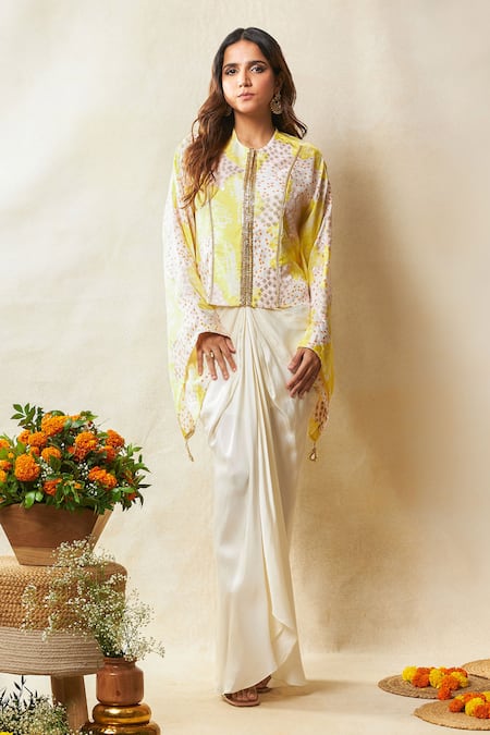 Buy Vedika M Yellow Silk, Satin Sequins Round Neck Abstract Print Kaftan With Draped Skirt Online at Aza Fashions Buy_Vedika M_Yellow Silk, Satin Sequins Round Neck Abstract Print Kaftan With Draped Skirt _Online_at_Aza_Fashions
