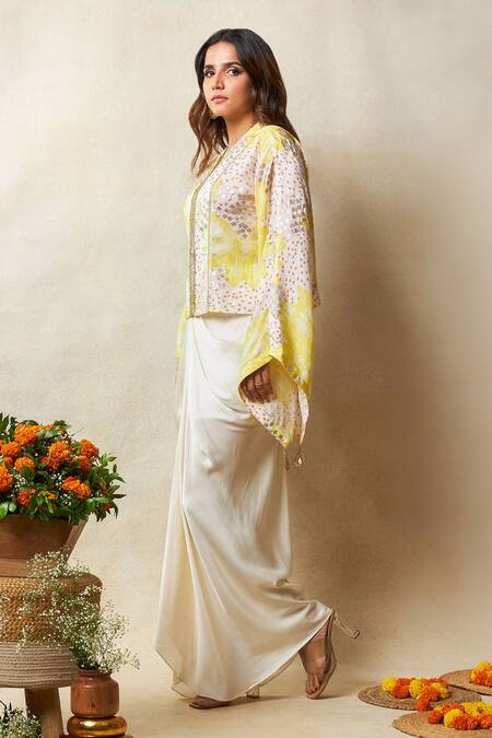 Shop Vedika M Yellow Silk, Satin Sequins Round Neck Abstract Print Kaftan With Draped Skirt Online at Aza Fashions Shop_Vedika M_Yellow Silk, Satin Sequins Round Neck Abstract Print Kaftan With Draped Skirt _Online_at_Aza_Fashions