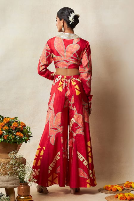 Shop Vedika M Red Silk Sequins, Lace, Mirrors V-neck Abstract Print Top With Godet Pant at Aza Fashions Shop_Vedika M_Red Silk Sequins, Lace, Mirrors V-neck Abstract Print Top With Godet Pant _at_Aza_Fashions