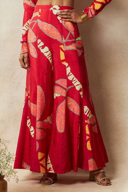 Vedika M Red Silk Sequins, Lace, Mirrors V-neck Abstract Print Top With Godet Pant Online at Aza Fashions Vedika M_Red Silk Sequins, Lace, Mirrors V-neck Abstract Print Top With Godet Pant _Online_at_Aza_Fashions