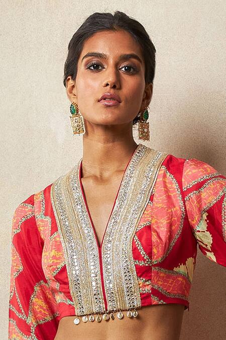 Buy Vedika M Red Silk Sequins, Lace, Mirrors V-neck Abstract Print Top With Godet Pant Online at Aza Fashions Buy_Vedika M_Red Silk Sequins, Lace, Mirrors V-neck Abstract Print Top With Godet Pant _Online_at_Aza_Fashions
