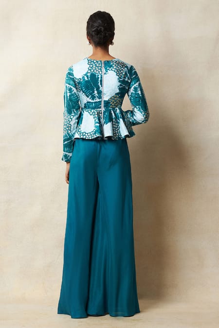 Shop Vedika M Blue Silk Sequins Sweetheart Neck Abstract Print Peplum Top With Pant at Aza Fashions Shop_Vedika M_Blue Silk Sequins Sweetheart Neck Abstract Print Peplum Top With Pant _at_Aza_Fashions