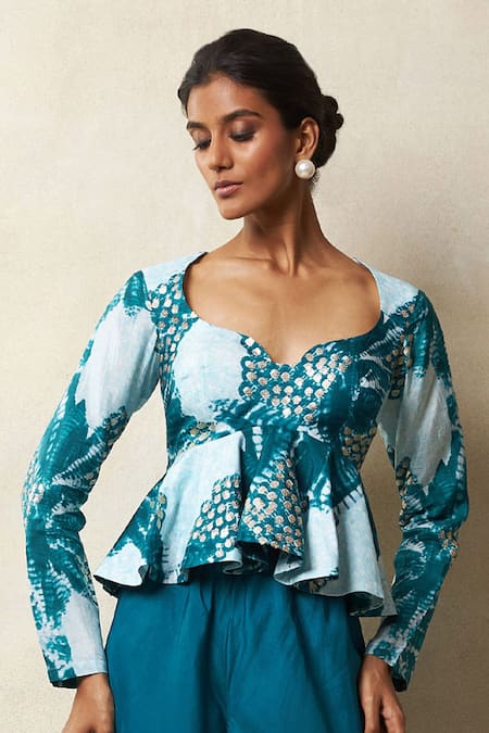 Vedika M Blue Silk Sequins Sweetheart Neck Abstract Print Peplum Top With Pant Online at Aza Fashions Vedika M_Blue Silk Sequins Sweetheart Neck Abstract Print Peplum Top With Pant _Online_at_Aza_Fashions
