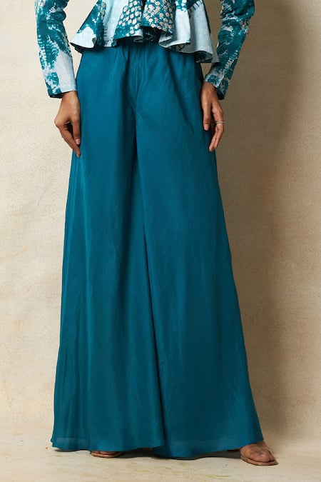 Buy Vedika M Blue Silk Sequins Sweetheart Neck Abstract Print Peplum Top With Pant Online at Aza Fashions Buy_Vedika M_Blue Silk Sequins Sweetheart Neck Abstract Print Peplum Top With Pant _Online_at_Aza_Fashions