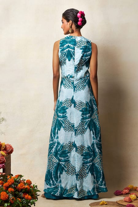 Shop Vedika M Green Silk Round Neck Asymmetric Abstract Print Top And Flared Pant Set at Aza Fashions Shop_Vedika M_Green Silk Round Neck Asymmetric Abstract Print Top And Flared Pant Set _at_Aza_Fashions