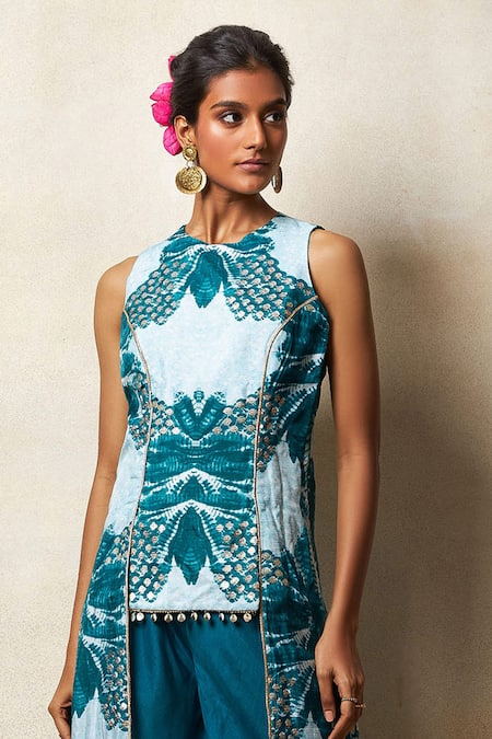 Buy Vedika M Green Silk Round Neck Asymmetric Abstract Print Top And Flared Pant Set Online at Aza Fashions Buy_Vedika M_Green Silk Round Neck Asymmetric Abstract Print Top And Flared Pant Set _Online_at_Aza_Fashions