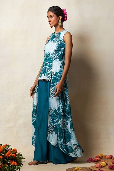 Shop Vedika M Green Silk Round Neck Asymmetric Abstract Print Top And Flared Pant Set Online at Aza Fashions Shop_Vedika M_Green Silk Round Neck Asymmetric Abstract Print Top And Flared Pant Set _Online_at_Aza_Fashions