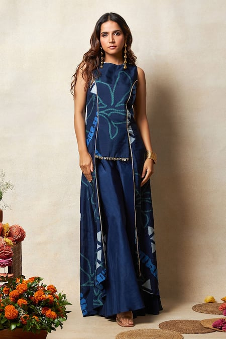 Vedika M Blue Silk Printed Abstract Round High Low Top And Flared Pant Set 