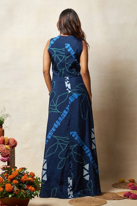 Shop Vedika M Blue Silk Round Neck Abstract Print High Low Top And Flared Pant Set at Aza Fashions Shop_Vedika M_Blue Silk Round Neck Abstract Print High Low Top And Flared Pant Set _at_Aza_Fashions