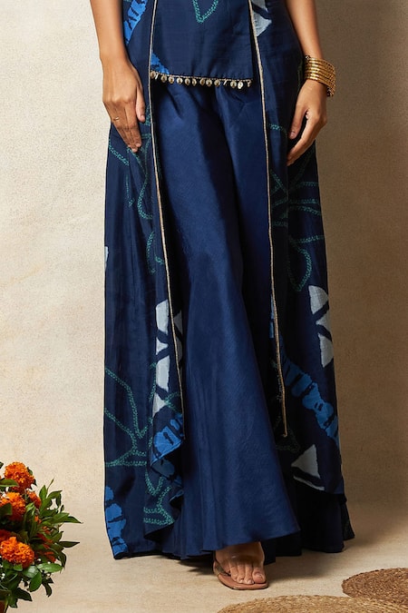 Buy Vedika M Blue Silk Round Neck Abstract Print High Low Top And Flared Pant Set Online at Aza Fashions Buy_Vedika M_Blue Silk Round Neck Abstract Print High Low Top And Flared Pant Set _Online_at_Aza_Fashions