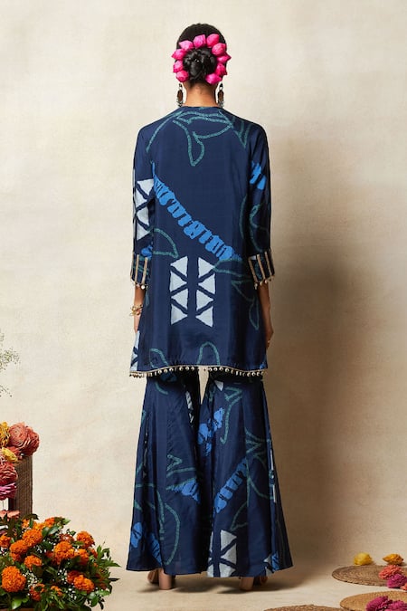 Shop_Vedika M_Blue Silk Zari, Embroidery Round Neck Abstract Print Kurta And Sharara Set _at_Aza_Fashions