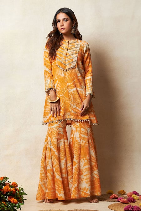 Vedika M Orange Zari Tissue Crush Printed Abstract Bandhani Round Kurta And Sharara Set 