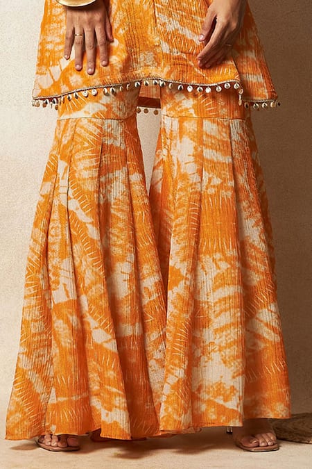 Buy Vedika M Orange Tissue, Silk Embroidery, Zari Abstract Bandhani Print Kurta And Sharara Set Online at Aza Fashions Buy_Vedika M_Orange Tissue, Silk Embroidery, Zari Abstract Bandhani Print Kurta And Sharara Set _Online_at_Aza_Fashions