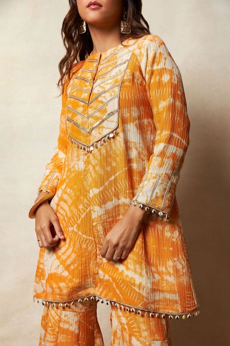 Shop Vedika M Orange Tissue, Silk Embroidery, Zari Abstract Bandhani Print Kurta And Sharara Set Online at Aza Fashions Shop_Vedika M_Orange Tissue, Silk Embroidery, Zari Abstract Bandhani Print Kurta And Sharara Set _Online_at_Aza_Fashions