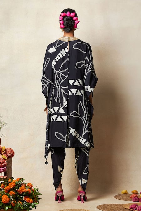 Shop Vedika M Black Silk Zari, Embroidery Round Neck Printed Kaftan Top And Pant Set at Aza Fashions Shop_Vedika M_Black Silk Zari, Embroidery Round Neck Printed Kaftan Top And Pant Set _at_Aza_Fashions