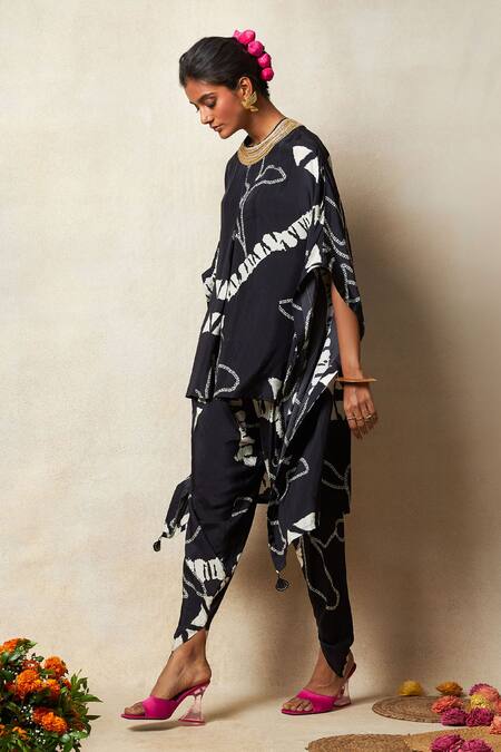 Vedika M Black Silk Zari, Embroidery Round Neck Printed Kaftan Top And Pant Set Online at Aza Fashions Vedika M_Black Silk Zari, Embroidery Round Neck Printed Kaftan Top And Pant Set _Online_at_Aza_Fashions